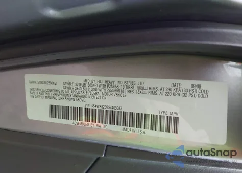 2009 Subaru Tribeca Limited 5-Passenger z USA, uszkodzony, nr VIN 4S4WX92D794405087